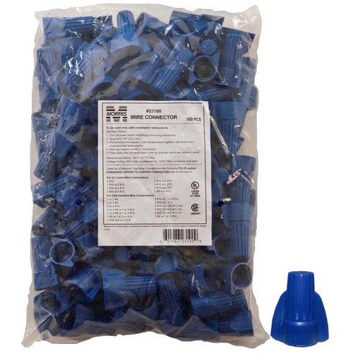 Winged Twist Connectors Blue Bagged 100 Bulk Pack - Winged Twist Connectors make Connecting Electrical Wiring Simple and Easy.Winged Twist Connectors Blue Bagged 100 Bulk Pack features include:  Swept wing fits into your hand naturally to give extra torque leverage and reduce the effort required for connecting even large wire combinations, yet compact, with narrow profile to take up less space in junction boxes Ribbed cap on color coded wire connectors provide more secure grip and faster fingertip starts even when hands become slippery Deep Skirt Entry Provides Protection From FlashOver or Shorting and Keeps Strands from Splaying Live Action Square Wire Spring Draws Wires Deep into Spring Provides a More Secure Grip No pre-twisting of conductors is required ndash; spring creates its own thread Connector Will Bite and Hold on Single Conductor when Capping Isolated Conductor Reusable connector threads on or off splice for fast and easy circuit changes and additions Tough, Heavy Duty Thick Wall UL 94V-2 Flame Retardant Housing will not crack or break, even when applied to maximum wire combinations under extreme pressure Temperature rated at 221deg;F (105deg;C) maximum 600V, 1000V fixtures amp; signs cULus Listed (Bagged Bulk Pack) Order Qty of 100 = 1 Bag of 100  nbsp;Below is more info on our Winged Twist Connectors Blue Bagged 100 Bulk Pack