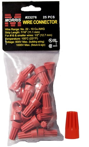 Screw-On Wire Connectors P6 Red Hanging Bag 25 Pack - Color-Coded Screw On Wire Connectors for quick connections anytime.Screw-On Wire Connectors P6 Red Hanging Bag 25 Pack features include:  Fixed Precise Conical Wire Spring No Pre-Twisting of Conductors is Required ndash; Spring Creates its Own Thread Reusable Screw on Wire Connector Threads On or Off splice for fast and easy circuit changes and additions Tough, UL 94V-2 Flame Retardant Shell will not crack or break, even when applied to maximum wire combinations under extreme pressure Ribbed-Cap Provides a more Secure Grip and faster fingertip starts even when hands become slippery Deep Skirt Wire Entry Provides Protection from Flash-Over and Shorts Threaded Funnel Entry Guides Wire Into Connector Cleanly without Strand Splaying Temperature Rated at 221deg;F (105deg;C) maximum Six Color-Coded Screw On Wire Connectors cover a full range of wire sizes from 22 through 8 Awg cULus Listed (Bag 25 Pack) Order Qty of 25 = 1 Bag of 25 Below is more info on our Screw-On Wire Connectors P6 Red Hanging Bag 25 Pack