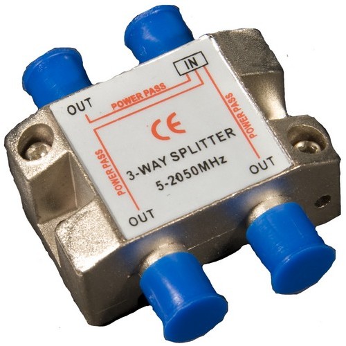 3 Way Splitters with Ground Block Satellite 5-2050Mhz - Durable, screw mount 3 Way Splitter.3 Way Splitters with Ground Block Satellite 5-2050Mhz features include:  Splitter allows 3 units to be operated from one source Accepts coaxial lsquo;Frsquo; fittings Order Qty of 1 = 1 Piece Below is more info on our 3 Way Splitters with Ground Block Satellite 5-2050Mhz