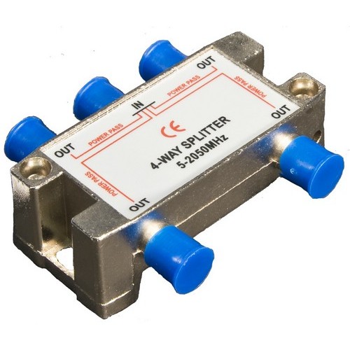 4 Way Splitters Satellite 5-2050Mhz - Larger 4 Way Splitters for big applications.4 Way Splitters Satellite 5-2050Mhz features include:  4 way splaiiters with grounding block Splitter allows 4 units to be operated from one source Accepts coaxial lsquo;Frsquo; fittings Order Qty of 1 = 1 Piece Below is more info on our 4 Way Splitters Satellite 5-2050Mhz