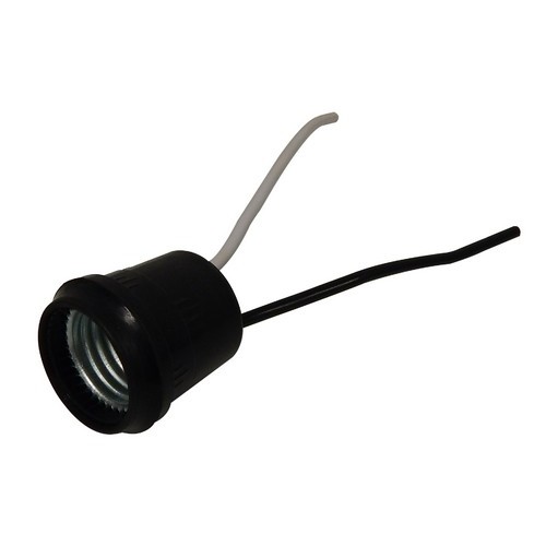 Pigtail Socket - Pigtail Socket for Temporary String Lighting Applications.Pigtail Socket for Temporary String Lighting features include:  Used in temporary string lighting appplications Pigtail Type Medium Base Weatherproof Lampholder Two #14, 6 inch Leads, One Black and One White Includes a rubber gasket that fits securely around the bulb neck to ensure water does not enter the socket Single Circuit 660 Watt Accepts up to 150W lamps 250 Volt Black Right Handed Thread Order Qty of 1 = 1 Piece Below is more info on our Pigtail Socket