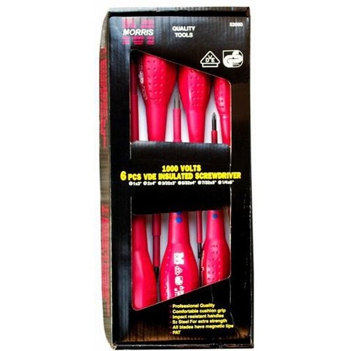 1000 Volt Insulated Screwdrivers 6 Pack Box - Six Piece Highly Insulated Screwdriver Set.1000 Volt Ergonomic Cushion Grip Screwdrivers - 6 Piece Set features include:  Six Piece Insulated Screwdriver Set is 1000 Volt Rated Professional Quality Comfortable ABS amp; Neoprene Cushion Grip Impact Handle is oil amp; acid resistant VDE Tested to ensure 100% safety S2 Steel Blade for Extra Strength Blade has a Strong Magnetic Tip Six Piece Insulated Screwdriver Set Includes Plastic Hanger for Pegboard Hanging Safety Red for Quick Identification 6 Pack Box Includes:  1 (#52012) 3/32