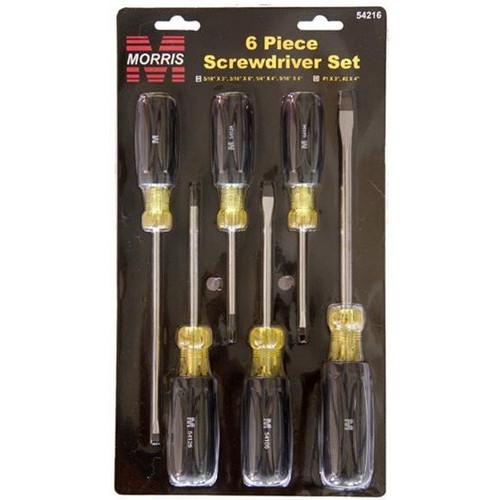 6 Piece Screwdriver Set - A compact and useful Six Piece Screwdriver Set.6 Piece Screwdriver Set features include:  Six Piece Screwdriver Set Includes Slotted 3/16 X 3, 3/16 X 6, 1/4 X 4, 5/16 X 6 Phillips #1 X 3, #2 X 4 6 Piece Screwdriver Set is made of highest quality Tempered Steel Magnetic Tip Heat treated for maximum strength Premium Chrome Plated for smooth feel amp; corrosion resistance Shafts have integral flanges that provide an Extra-Strong, Torque-Proof anchor in the handle Strong, durable black tips are forged amp; precision ground to fit screw openings securely Cushion grip handle allows for greater torque amp; comfort Handle hascolor coded butt amp; is oil, gas amp; water resistant 6 Piece Screwdriver Set meets or exceeds ANSI specifications Order Qty of 1 = 1 Piece Below is more info on our 6 Piece Screwdriver Set