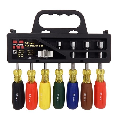 7 Piece Nut Driver Set - Compact and portable Seven Piece Nut Driver Set.7 Piece Nut Driver Set features include:  Seven Piece Nut Driver Set in a Plastic Carrying Case 3/16X 3, 1/4 X 3, 5/16X 3, 11/32 X 3, 3/8X 3, 7/16 X 3, 1/2X 3 7 Piece Nut Driver Set is made of highest quality Tempered Steel Magnetic Tip Heat treated for maximum strength Premium Chrome Plated for smooth feel amp; corrosion resistance Shafts have integral flanges that provide an Extra-Strong, Torque-Proof anchor in the handle Strong, durable black tips are forged amp; precision ground to fit screw openings securely Cushion grip handle allows for greater torque amp; comfort Handle hascolor coded butt amp; is oil, gas amp; water resistant 7 Piece Nut Driver Set meets or exceeds ANSI specifications Order Qty of 1 = 1 Piece Below is more info on our 7 Piece Nut Driver Set