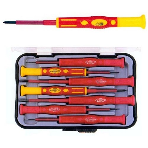 1000 Volt Insulated Precision Screwdriver 7 Piece Set - Portable seven piece insulated Precision Screwdriver Set.1000 Volt Precision Insulated Screwdriver Set - 7 Piece Set features include:  Seven Piece Insulated Precision Screwdriver Set includes plastic case with see thru lid Blade made of High Alloy Special Steel Rotating cap for precise turning amp; control with fingertip Comfortable ABS amp; Neoprene Cushion Grip Impact Handle is oil amp; acid resistant VDE Tested to ensure 100% safety Seven Piece Insulated Precision Screwdriver Set includes:  Slotted 1.5 X 2