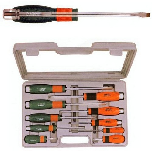 10 Piece High Impact Screwdriver Set - Very durable, high-impact 10 Piece Screwdriver Set.10 Piece High Impact Screwdriver Set features include:  High Impact 10 Piece Screwdriver Set has been ergonomically designed. The shaft is continuous from top to bottom amp; has been created using impact-resistant and cold-resistant steel material made from CRM OVA Steel Use on any metal or non-metal such as steel, wood, porcelain, mineral...etc Can use it as a punch, chisel, screwdriver, amp; pry bar Can use with a wrench for more torque It can take 3000G impact of hammer Slotted 3/16 X 4, 1/4 x 1/2, 1/4 X 5, 5/16 X 6, 3/8 X 7 Phillips #1 X 3, #2 x 1/2, #2 X 4, #3 x 5 18 Pickup Tool Order Qty of 1 = 1 Set Below is more info on our 10 Piece High Impact Screwdriver Set