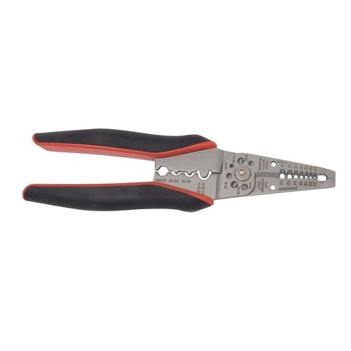 NM Cable Cable Stripper/Cutter - A Stripper, Crimper and Cutter 5 in 1 Tool for any job, any time.NM Cable Cable Stripper/Cutter features include:  10-20 AWG precision ground stripping holes easily remove insulation 10-22 AWG insulated amp; non-insulated terminal crimper #310, 311, 410, 411 and coax crimper Copper wire cutter has precision shear-type blade Bolt cutters 5-40, 10-24, 4-40, 6-32, 8-32, 10-32 Strong gripping serrated nose for easy bending and pulling of wires Narrow nose fits into tight places Holes in jaw for quick wire looping and bending Stainless steel body for maximum corrosion resistance Laser etched markings for high visibility Ergonomic, cushioned handles for ultimate comfort amp; control Order Qty of 1 = 1 Piece Below is more info on our NM Cable Cable Stripper/Cutter