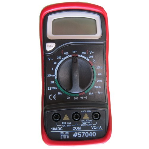 Digital Multimeter amp; Temperature Probe with Rubber Holster - A Digital Multimeter with probe and holster.Digital Multimeter amp; Temperature Probe with Rubber Holster features include:  AC Voltage: 200/600V+/-1.2% DC Voltage: 200m/2/20/200V+/-0.5%, 600V+/-0.8% DC Current: 2m/20m/200mA+/-1%, 10A+/-3% Digital Multimeter Resistance: 200/2K/20K/200K/2M+/-0.8% Temperature: 1deg;F to 752deg;F (-17deg;C to 400deg;C) +/- 1%, 754deg;F to 1382deg;F (401deg;C to 750deg; C) +/-2% Diode Test Audible Continuity Test Data Hold Overload Protection Power Source: (1) 9v Battery Fuse 200mA/250V IEC 61010-1 CAT II 600V Digital Multimeter Dimensions: 1.25 X 2.72 X 5.44 Weight: 9 oz. Accessories: Rubber Holster, Test Leads, Battery amp; Instruction Manual Blister Packed cETLus Listed Order Qty of 1 = 1 Piece Below is more info on our Digital Multimeter amp; Temperature Probe with Rubber Holster