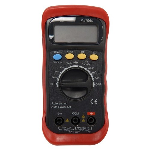 Autoranging Digital Multimeter with Rubber Holster - An electrician's Autoranging Multimeter with rubber holster.Autoranging Digital Multimeter with Rubber Holster features include: AC Voltage: 400m/4/40/400/600V+/-0.8% DC Voltage: 400m/4/40/400/600V+/-0.5% DC Current: 400u/4000/20m/40m/400m/10A+/-2% AC Current: 400u/4000/20m/40m/400m/10A+/-3% Autoranging Multimeter Resistance: 400/4K/40K/400K/4M/40M +/-0.8%, 2M+/-1% Frequency 9.999Hz to 9.999MHz+/-3% Autoranging with Manual Ranging Override Diode Test Hfe Transistor Test Audible Continuity Test Data Hold &: Range Hold Overload Protection Auto Power Off Power Source: (1) 9v Battery Fuse 200mA/250V IEC 1010-1 CAT II 600V Autoranging Multimeter Dimensions: 4.8in,  X 2.4in,  X 1.6in,  Weight: 5.3 oz. Accessories: Rubber Holster, Test Leads, Battery &: Instruction Manual Blister Packed Order Qty of 1 = 1 Piece Below is more info on our Autoranging Digital Multimeter with Rubber Holster