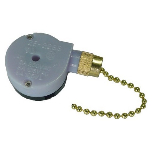 Pull Chain Brass SPTDT 2 Speed Off-On-On - Ceiling Pull Chain switch for lights or fans.Pull Chain Brass SPTDT 2 Speed Off-On-On features include:  Pull chains perfect for ceiling fans and lights Pull chain has 2 speedsSPST, Off-On-On Push In Terminals 13/32” diameter mounting hole UL Recognized Order Qty of 1 = 1 Piece Below is more info on our Pull Chain Brass SPTDT 2 Speed Off-On-On