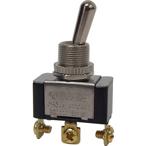 Heavy Duty 1 Pole Toggle Switch SPDT On-On Screw Terminals - A tough and reliable SPDT Toggle Switch for multiple applications.Heavy Duty 1 Pole Toggle Switch SPDT On-On Screw Terminals features include:  SPDT, On-On 3 Screw Terminals 20 AMP, 125VAC 10 AMP, 277VAC 3/4HP, 125/250VAC Solid Brass or Nickel Plated Bushings 1/2