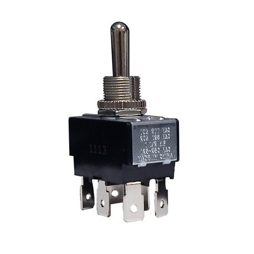 Heavy Duty 2 Pole Toggle Switch DPDT On-Off-On Quick Connect Terminals - This Large DPDT Toggle Switch has three positions.Heavy Duty 2 Pole Toggle Switch DPDT On-Off-On Quick Connect Terminals features include:  DPDT, On-Off-On 6 Quick Connect Spade Terminals 20 AMP, 125VAC 10 AMP, 277VAC 1-1/2HP, 125/250VAC Solid Brass or Nickel Plated Bushings 1/2