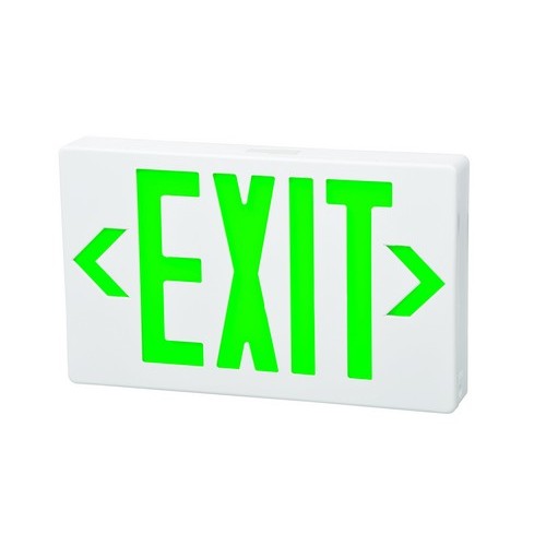 LED Exit Sign Green LED White Housing Battery Backup - This classic LED Exit Sign is clear and highly visible.LED Exit Sign Green LED White Housing Battery Backup features include:  Superior Quality Exit Sign Combined with LED Energy Saving Technology In a Low-Profile, Unobtrusive Design Standard AC Only with Battery Back Up Completely Self-Contained Fully Automatic Operation Compact, Low Profile Design in Neutral Finish Push to Test Switch Automatic, Low Voltage Disconnect (LVD) 120 or 277 VAC Operation Injection-Molded, V-O Flame Retardant, High Impact, Thermoplastic Housing Charge Rate/Power On LED Indicator Light Energy Consumption of Less than 2 Watts for Green Letters Listed for Damp Location Universal Mounting Canopy amp; 2 Face Plates for Wall, Side or Top Installation 2.4V 400maH Ni-Cad Battery On Standard Units 90 Minute Battery Run Time UL 924 Listed 5 Year Warranty Order Qty of 1 = 1 Piece Spec Sheet  Below is more info on our LED Exit Sign Green LED White Housing Battery Backup