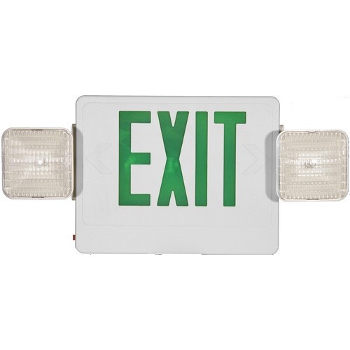 Combo LED Exit Emergency Light Green LED White Housing - This Emergency Light and LED exit sign provides twice the safety for half the price.Combo LED Exit Emergency Light Green LED White Housing features include:  Combination LED Energy Saving Exit Sign and Emergency Lighting Unit In One Compact, Modern Design Completely Self-Contained Fully Automatic Operation Push to Test Switch Automatic, Low Voltage Disconnect (LVD) 120 or 277 VAC Operation Charge Rate/Power On LED Indicator Light 6-Volt 4.5AH Lead-Acid Maintenance-Free Battery  Provides 90 minutes of Emergency Power Environmentally-Coated, Solid State Charger Injection-Molded, UL 94 V-O Flame Retardant, High Impact Thermoplastic Housing Standard with Two Fully Adjustable Glare-Free 5.4 Watt DC Long Life Lamp Heads 130 Volt, 7 Watt Long Life Exit Sign Lamps Heads Rotate to Top or Side of Unit  180deg;+ for Maximum Flexibility in Field Universal J Box Mounting Canopy  2 Face Plates for Wall, Side or Top Installation Damp Location Rated UL924 Listed  5 Year Warranty Order Qty of 1 = 1 Piece Spec Sheet  Below is more info on our Combo LED Exit Emergency Light Green LED White Housing