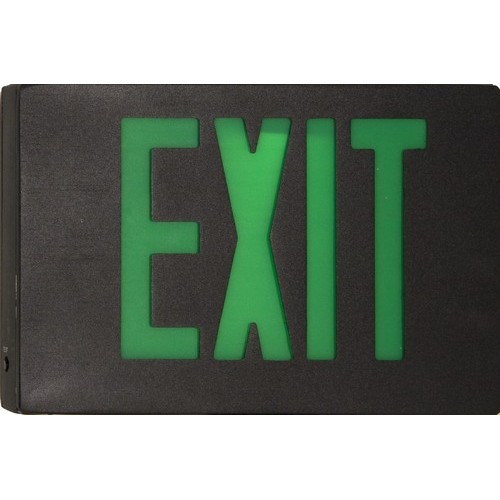 Cast Aluminum LED Exit Sign - Green LED - Black Housing - Black Face - Our Decorator LED Exit Sign combines safety and style.Cast Aluminum LED Exit Sign - Green LED - Black Housing - Black Face features include:  LED Cast Aluminum Series utilizes a unique illumination design in an architecturally pleasing housing Universal 120/277 VAC operation on all exits LED energy savings Decorator LED Exit Sign is Damp location rated Universal canopy included (wall or ceiling mounted) Premium grade Ni-cad rechargeable battery Sleek Curved Design Powder Coat Finish Spec grade Universal K/O chevrons Quick clip snap closure for front face plate Grounded safety cable All units include one face plate with legend and flat back panel to allow 1 sided legend display (for 2 sided legend display order separate faceplate with legend) UL Listed  5 Year Warranty Order Qty of 1 = 1 Piece Spec Sheet  Below is more info on our Cast Aluminum LED Exit Sign - Green LED - Black Housing - Black Face