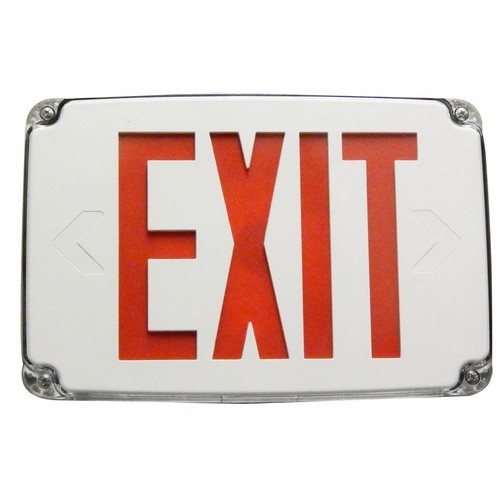 Compact Cold Weather  Wet Location LED Exit Sign Battery Backup Red LED White Housing - Our Emergency Backup Exit Sign stands up to harsh environments.Compact Cold Weather  Wet Location LED Exit Sign Battery Backup Red LED White Housing features include:  Outdoor Wet Location  Cold Weather Rated Perfect for Outdoor, Commercial  Industrial FacilitiesDual 120/277 VAC operationCharge Rate/Power “ON” LED Indicator Light Push-to-test switch for mandated code compliance testing Internal Solid-state Transfer Switch automatically connects the internal battery to LED board for minimum 90-minute emergency illumination Fully Automatic Solid-state, Dual-Rate Charger initiates battery charging to recharge a discharged battery in 24 hours 4.8V 700mah long-life, maintenance-free, Rechargeable Ni-cad Battery Flame Retardant, UV-stabilized White Polycarbonate Housing with Clear Polycarbonate Lens Universal Canopy Mount for Side or Top Installation Included2 (Legend) Face Plates IncludedBlack Plate for Wall Mounting Sold Separately Cat# 73378. Back Plate Includes Universal K/O Pattern  Engineering Grade Silicone Gasketing Top and Side K/O’s provided for conduit feed applications EZ Snap-out Chevron Directional Indicators Meets UL924 for Wet Locations, NFPA 101 Life Safety Code, NEC  OSHA Codes Operating Temperature -4deg;F to 122deg;F 5 Year Warranty Order Qty of 1 = 1 Piece Spec Sheet  Below is more info on our Compact Cold Weather  Wet Location LED Exit Sign Battery Backup Red LED White Housing