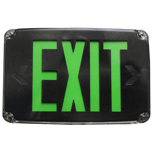Compact Cold Weather  Wet Location LED Exit Sign Battery Backup Green LED Black Housing - Our Emergency Backup Exit Sign stands up to harsh environments.Compact Cold Weather  Wet Location LED Exit Sign Battery Backup Green LED Black Housing features include:  Outdoor Wet Location  Cold Weather Rated Perfect for Outdoor, Commercial  Industrial FacilitiesDual 120/277 VAC operationCharge Rate/Power “ON” LED Indicator Light Push-to-test switch for mandated code compliance testing Internal Solid-state Transfer Switch automatically connects the internal battery to LED board for minimum 90-minute emergency illumination Fully Automatic Solid-state, Dual-Rate Charger initiates battery charging to recharge a discharged battery in 24 hours 4.8V 700mah long-life, maintenance-free, Rechargeable Ni-cad Battery Flame Retardant, UV-stabilized White Polycarbonate Housing with Clear Polycarbonate Lens Universal Canopy Mount for Side or Top Installation Included2 (Legend) Face Plates IncludedBlack Plate for Wall Mounting Sold Separately Cat# 73378. Back Plate Includes Universal K/O Pattern  Engineering Grade Silicone Gasketing Top and Side K/O’s provided for conduit feed applications EZ Snap-out Chevron Directional Indicators Meets UL924 for Wet Locations, NFPA 101 Life Safety Code, NEC  OSHA Codes Operating Temperature -4deg;F to 122deg;F 5 Year Warranty Order Qty of 1 = 1 Piece Spec Sheet  Below is more info on our Compact Cold Weather  Wet Location LED Exit Sign Battery Backup Green LED Black Housing