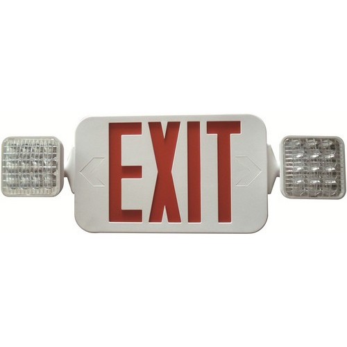 Square Head LED Combo Exit/Emergency Light High Output Red LED White Housing - Combination LED Energy Saving Exit Sign and LED Emergency Lighting Unit In One Compact Design. Square Head LED Combo Exit/Emergency Light High Output Red LED White Housing features include:  Long Life Energy Saving LED Lamps Completely Self-Contained Fully Automatic Operation Push to Test Switch Automatic Low Voltage Disconnect (LVD) 120 or 277 VAC Operation Charge Rate/Power On LED Indicator Light Energy Consumption of Less than 4 Watts for Red letters Injection-Molded, UL 94 V-O Flame Retardant, High Impact, Thermoplastic Housing Fully Adjustable Glare-Free LED Lamps  Heads Rotate 180deg;+ for Maximum Field Flexibility Universal Mounting Canopy for Top or Back J-box Installation  2 Snap-fit Face Plates  Field replaceable chevron directional indicators Integral wiring channels to facilitate installation 3.6-Volt Sealed Ni-Cad Rechargeable Maintenance-Free Battery Environmentally-Coated, Solid State Charger Input Current: .22A 120V .10A 277V Input Wattage: 1.8W Standard; 2.5W Remote Capable Damp Location Rated UL 924 Listed  5 Year Warranty Order Qty of 1 = 1 Piece Spec Sheet  Below is more info on our Square Head LED Combo Exit/Emergency Light High Output Red LED White Housing