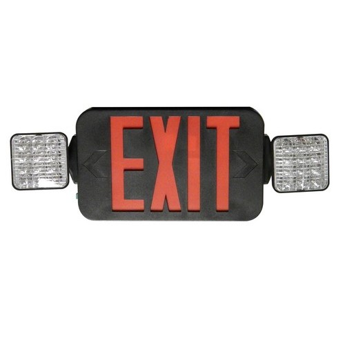Square Head LED Combo Exit/Emergency Light High Output Red LED Black Housing - Combination LED Energy Saving Exit Sign and LED Emergency Lighting Unit In One Compact Design. Square Head LED Combo Exit/Emergency Light High Output Red LED Black Housing features include:  Long Life Energy Saving LED Lamps Completely Self-Contained Fully Automatic Operation Push to Test Switch Automatic Low Voltage Disconnect (LVD) 120 or 277 VAC Operation Charge Rate/Power On LED Indicator Light Energy Consumption of Less than 4 Watts for Red letters Injection-Molded, UL 94 V-O Flame Retardant, High Impact, Thermoplastic Housing Fully Adjustable Glare-Free LED Lamps  Heads Rotate 180deg;+ for Maximum Field Flexibility Universal Mounting Canopy for Top or Back J-box Installation  2 Snap-fit Face Plates  Field replaceable chevron directional indicators Integral wiring channels to facilitate installation 3.6-Volt Sealed Ni-Cad Rechargeable Maintenance-Free Battery Environmentally-Coated, Solid State Charger Input Current: .22A 120V .10A 277V Input Wattage: 1.8W Standard; 2.5W Remote Capable Damp Location Rated UL 924 Listed  5 Year Warranty Order Qty of 1 = 1 Piece Spec Sheet  Below is more info on our Square Head LED Combo Exit/Emergency Light High Output Red LED Black Housing