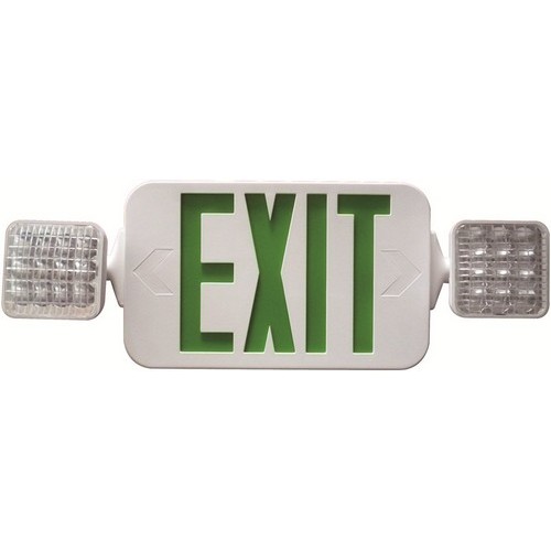 Square Head LED Combo Exit/Emergency Light High Output Green LED White Housing - Combination LED Energy Saving Exit Sign and LED Emergency Lighting Unit In One Compact Design. Square Head LED Combo Exit/Emergency Light High Output Green LED White Housing features include:  Long Life Energy Saving LED Lamps Completely Self-Contained Fully Automatic Operation Push to Test Switch Automatic Low Voltage Disconnect (LVD) 120 or 277 VAC Operation Charge Rate/Power On LED Indicator Light Energy Consumption of Less than 2 Watts for Green letters Injection-Molded, UL 94 V-O Flame Retardant, High Impact, Thermoplastic Housing Fully Adjustable Glare-Free LED Lamps  Heads Rotate 180deg;+ for Maximum Field Flexibility Universal Mounting Canopy for Top or Back J-box Installation  2 Snap-fit Face Plates  Field replaceable chevron directional indicators Integral wiring channels to facilitate installation 3.6-Volt Sealed Ni-Cad Rechargeable Maintenance-Free Battery Environmentally-Coated, Solid State Charger Input Current: .22A 120V .10A 277V Input Wattage: 1.8W Standard; 2.5W Remote Capable Damp Location Rated UL 924 Listed  5 Year Warranty Order Qty of 1 = 1 Piece Spec Sheet  Below is more info on our Square Head LED Combo Exit/Emergency Light High Output Green LED White Housing