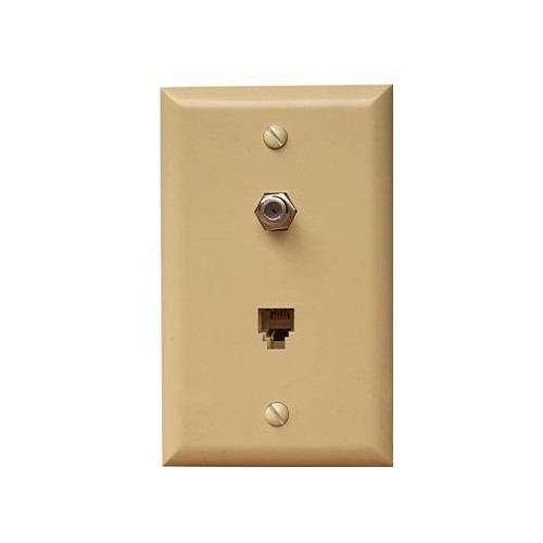 Single RJ11 4 Conductor Phone Jack  Single F Conductor Wallplate Ivory - A Combination Phone and Cable Jack for home or office installation.Single RJ11 4 Conductor Phone Jack  Single F Conductor Wallplate Ivory features include:  Flush Decorative Phone wallplate UL94V-0 Flame Retardant Plastic 50 Micro Inches of Gold Plating Meets FCC Requirements Complies with UL Standard 1863 and Article 800-51 of The National Electrical Code UL/CSA Listed Order Qty of 1 = 1 Piece Below is more info on our Single RJ11 4 Conductor Phone Jack  Single F Conductor Wallplate Ivory
