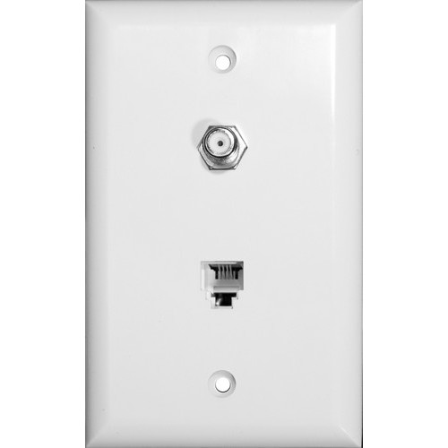 Single RJ11 4 Conductor Phone Jack  Single F Conductor Wallplate White - A Combination Phone and Cable Jack for home or office installation.Single RJ11 4 Conductor Phone Jack  Single F Conductor Wallplate White features include:  Flush Decorative Phone wallplate UL94V-0 Flame Retardant Plastic 50 Micro Inches of Gold Plating Meets FCC Requirements Complies with UL Standard 1863 and Article 800-51 of The National Electrical Code UL/CSA Listed Order Qty of 1 = 1 Piece Below is more info on our Single RJ11 4 Conductor Phone Jack  Single F Conductor Wallplate White