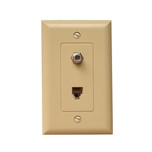 1 Piece Decorative Single RJ11 4 Conductor Phone Jack  Single F Connector Wallplate Ivory - Decorator Phone and Cable Jack saves time, space and money.1 Piece Decorative Single RJ11 4 Conductor Phone Jack  Single F Connector Wallplate Ivory features include:  Flush Decorative Phone wallplate Plate amp; Jack are one piece UL94V-0 Flame Retardant Plastic 50 Micro Inches of Gold Plating Meets FCC Requirements Complies with UL Standard 1863 and Article 800-51 of The National Electrical Code UL/CSA Listed Order Qty of 1 = 1 Piece Below is more info on our 1 Piece Decorative Single RJ11 4 Conductor Phone Jack  Single F Connector Wallplate Ivory
