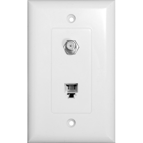 1 Piece Decorative Single RJ11 4 Conductor Phone Jack  Single F Connector Wallplate White - Decorator Phone and Cable Jack saves time, space and money.1 Piece Decorative Single RJ11 4 Conductor Phone Jack  Single F Connector Wallplate White features include:  Flush Decorative Phone wallplate Plate amp; Jack are one piece UL94V-0 Flame Retardant Plastic 50 Micro Inches of Gold Plating Meets FCC Requirements Complies with UL Standard 1863 and Article 800-51 of The National Electrical Code UL/CSA Listed Order Qty of 1 = 1 Piece Below is more info on our 1 Piece Decorative Single RJ11 4 Conductor Phone Jack  Single F Connector Wallplate White