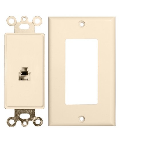 2 Piece Decorative Single RJ11 4 Conductor Phone Jack Wallplate Lt. Almond - This 2 Piece Wall Phone Jack is flame retardant and durable.2 Piece Decorative Single RJ11 4 Conductor Phone Jack Wallplate Lt. Almond features include:  Flush Decorative Phone wallplate Plate amp; Jack are two separate pieces UL94V-0 Flame Retardant Plastic 50 Micro Inches of Gold Plating Meets FCC Requirements Complies with UL Standard 1863 and Article 800-51 of The National Electrical Code UL/CSA Listed Order Qty of 1 = 1 Piece Below is more info on our 2 Piece Decorative Single RJ11 4 Conductor Phone Jack Wallplate Lt. Almond
