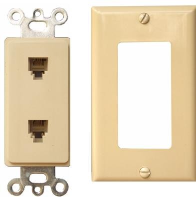 2 Piece Decorative Dual RJ11 4 Conductor Phone Jack Wallplate Ivory - This Decorator Wall Phone Jack comes in two pieces and is highly durable.2 Piece Decorative Dual RJ11 4 Conductor Phone Jack Wallplate Ivory features include:  Flush Decorative Phone wallplate Plate amp; Jack are two separate pieces UL94V-0 Flame Retardant Plastic 50 Micro Inches of Gold Plating Meets FCC Requirements Complies with UL Standard 1863 and Article 800-51 of The National Electrical Code UL/CSA Listed Order Qty of 1 = 1 Piece Below is more info on our 2 Piece Decorative Dual RJ11 4 Conductor Phone Jack Wallplate Ivory