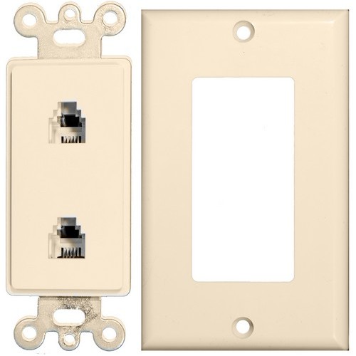 2 Piece Decorative Dual RJ11 4 Conductor Phone Jack Wallplate Lt. Almond - This Decorator Wall Phone Jack comes in two pieces and is highly durable.2 Piece Decorative Dual RJ11 4 Conductor Phone Jack Wallplate Lt. Almond features include:  Flush Decorative Phone wallplate Plate amp; Jack are two separate pieces UL94V-0 Flame Retardant Plastic 50 Micro Inches of Gold Plating Meets FCC Requirements Complies with UL Standard 1863 and Article 800-51 of The National Electrical Code UL/CSA Listed Order Qty of 1 = 1 Piece Below is more info on our 2 Piece Decorative Dual RJ11 4 Conductor Phone Jack Wallplate Lt. Almond