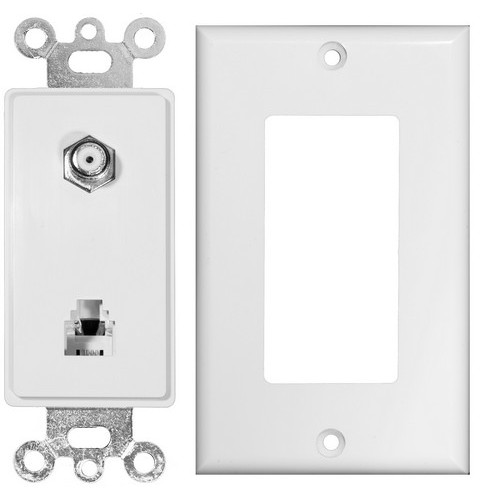 2 Piece Decorative Single RJ11 4 Conductor Phone Jack  Single F Connector Wallplate White - A 2 Piece Phone/Cable Jack for home or office.2 Piece Decorative Single RJ11 4 Conductor Phone Jack  Single F Connector Wallplate White features include:  Flush Decorative Phone wallplate Plate amp; Jack are two separate pieces UL94V-0 Flame Retardant Plastic 50 Micro Inches of Gold Plating Meets FCC Requirements Complies with UL Standard 1863 and Article 800-51 of The National Electrical Code UL/CSA Listed Order Qty of 1 = 1 Piece Below is more info on our 2 Piece Decorative Single RJ11 4 Conductor Phone Jack  Single F Connector Wallplate White