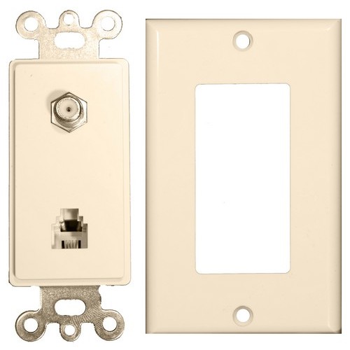 2 Piece Decorative Single RJ11 4 Conductor Phone Jack  Single F Connector Wallplate Lt. Almond - A 2 Piece Phone/Cable Jack for home or office.2 Piece Decorative Single RJ11 4 Conductor Phone Jack  Single F Connector Wallplate Lt. Almond features include:  Flush Decorative Phone wallplate Plate amp; Jack are two separate pieces UL94V-0 Flame Retardant Plastic 50 Micro Inches of Gold Plating Meets FCC Requirements Complies with UL Standard 1863 and Article 800-51 of The National Electrical Code UL/CSA Listed Order Qty of 1 = 1 Piece Below is more info on our 2 Piece Decorative Single RJ11 4 Conductor Phone Jack  Single F Connector Wallplate Lt. Almond