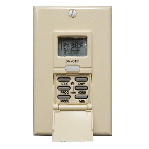 7 Day In Wall Digital Timer Ivory - Digital 7 Day Programmable Timer for indoors and out.7 Day In Wall Digital Timer Ivory features include:  Digital 7 Day In Wall Programmable Timer can replace standard wall switch to provide automatic control of outdoor or indoor lighting (incandescent and fluorescent light), fans, pumps, office machines, and other types of circuits Replaces existing ordinary wall switch - Indoor Use Only 7 On/Off Events Per Day Timer Program Override by On/Off button Large, easy to read digital display, to-the-minute accuracy NIMh Battery Backup (replaceable) save the time and program settings when the unit is unplugged or there is a power outage Multiple Daily Settings Options: All days of the week, Individual days of the week, 5 weekdays, 2 weekend days Compatible with CFL amp; LED Lights Netural Required Provides random setting function in order to adjust the On/Off schedule within a range of +/-30mins Single pole 15A, 120V 60Hz, 1/4 HP Resistive Rating: 15A 1875W @ 125V Tungsten Incandescent Rating: 8A 1000 Watts Ballast Standard 8A @ 125V Motor Load: frac14; HP Operating Temperatures: 32deg;F to +158deg;F(0deg;C to 70deg;C) Neutral Required Wallplate Included Individually Boxed UL/cUL Listed Order Qty of 1 = 1 Piece Below is more info on our 7 Day In Wall Digital Timer Ivory