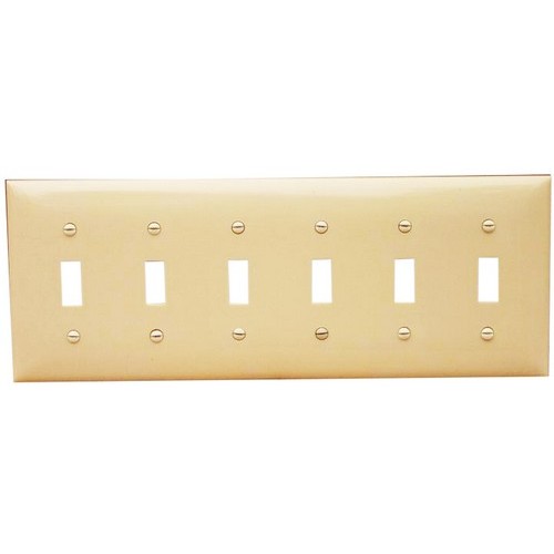 Lexan Wall Plates 6 Gang Toggle Switch Ivory - Large 6 Gang Wall Plate Toggle Switch for big rooms.Lexan Wall Plates 6 Gang Toggle Switch Ivory features include:  Toggle Switch Wall plate is highly resistant to impact, abrasion, oil, acids and discoloration Ideal for use in high-abuse areas Smooth, easy to clean surface Round on edges to prevent injury and wall damage Supplied with color matching painted metal mounting screws Mounting Screws individually wrapped in a small plastic bag to protect plate from scratches Specification Grade - meets all current Federal Specifications 6 gang wall plate conforms to NEMA amp; ANSI standards Flammability rating UL94V-2 UL Listed Order Qty of 1 = 1 Piece Below is more info on our Lexan Wall Plates 6 Gang Toggle Switch Ivory