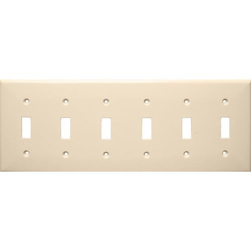 Lexan Wall Plates 6 Gang Toggle Switch Almond - Large 6 Gang Wall Plate Toggle Switch for big rooms.Lexan Wall Plates 6 Gang Toggle Switch Almond features include:  Toggle Switch Wall plate is highly resistant to impact, abrasion, oil, acids and discoloration Ideal for use in high-abuse areas Smooth, easy to clean surface Round on edges to prevent injury and wall damage Supplied with color matching painted metal mounting screws Mounting Screws individually wrapped in a small plastic bag to protect plate from scratches Specification Grade - meets all current Federal Specifications 6 gang wall plate conforms to NEMA amp; ANSI standards Flammability rating UL94V-2 UL Listed Order Qty of 1 = 1 Piece Below is more info on our Lexan Wall Plates 6 Gang Toggle Switch Almond