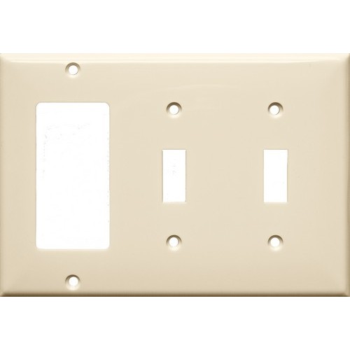Lexan Wall Plates 3 Gang 2 Toggle 1 GFCI Almond - 3 Gang Wall Plate houses 2 Toggles and one GFCI.Lexan Wall Plates 3 Gang 2 Toggle 1 GFCI Almond features include:  Lexan Wall plates are highly resistant to impact, abrasion, oil, acids and discoloration Ideal for use in high-abuse areas Smooth, easy to clean surface Round on edges to prevent injury and wall damage Supplied with color matching painted metal mounting screws Mounting Screws individually wrapped in a small plastic bag to protect plate from scratches Specification Grade - meets all current Federal Specifications Lexan Wall plates conform to NEMA amp; ANSI standards Flammability rating UL94V-2 UL Listed Order Qty of 1 = 1 Piece Below is more info on our Lexan Wall Plates 3 Gang 2 Toggle 1 GFCI Almond