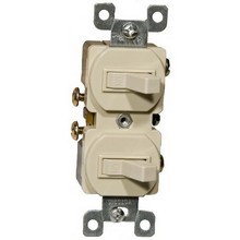 Single Pole Double Toggle Switch Ivory 15A-120V - This Single Pole Double Toggle Switch resists corrosion.Single Pole Double Toggle Switch Ivory 15A-120V features include:  Single Pole Double Toggle Switch 15A 120V Made of GE Lexan Steel mounting strap Zinc-Plated for corrosion resistance Washer-type break-off plaster ear for best flush alignment Captive mounting screws Accepts #12 or #14 Stranded or Solid Copper wire(Push-In Solid only) Back and side wiring for easy installation Large head combination screws for quick wiring Easy Access Green Hex Head Ground Screw Copper Wire Only Temperature Rating: -40deg;F to 167deg;F UL 94V-2 Flame Rating UL listed Order Qty of 1 = 1 Piece Below is more info on our Single Pole Double Toggle Switch Ivory 15A-120V