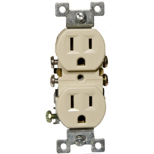 Standard Duplex Receptacle Ivory 15A-125V - Standard Duplex Receptacle for home use.Standard Duplex Receptacle Ivory 15A-125V features include:  Standard Duplex Receptacle 2 pole, 3 wire Back amp; Side wire Shallow design for maximum wiring room Made of GE Lexan, Steel Mounting Strap Accepts #12 or #14 Stranded or Solid Copper wire(Push-In #14 Solid Only) Easy Access Green Hex Head Ground Screw Washer-type break-off plaster ear for best flush alignment Captive Tri-Combination mounting screws Large head combination screws for quick wiring UL 94V-2 Flame Rating Temperature Rating: -40deg;F to 167deg;F UL listed Order Qty of 1 = 1 Piece Below is more info on our Standard Duplex Receptacle Ivory 15A-125V