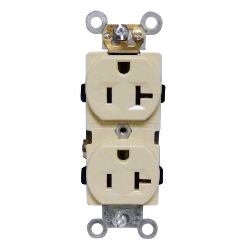 Industrial Grade Duplex Receptacle Ivory 20A-125V - A heavy-duty Industrial Grade Duplex Receptacle.Industrial Grade Duplex Receptacle Ivory 20A-125V features include:  Industrial Grade Duplex Receptacle is designed to with stand rigorous environments where down time is not an option 2 pole, 3 wire Back amp; Side wire Shallow design for maximum wiring room Made of GE Lexan, Steel Mounting Strap Accepts #12 or #14 Stranded or Solid Copper wire(Push-In #14 Solid Only) Easy Access Green Hex Head Ground Screw Washer-type break-off plaster ear for best flush alignment Captive Tri-Combination mounting screws Large head combination screws for quick wiring UL 94V-2 Flame Rating Temperature Rating: -40deg;F to 167deg;F UL listed Order Qty of 1 = 1 Piece Below is more info on our Industrial Grade Duplex Receptacle Ivory 20A-125V