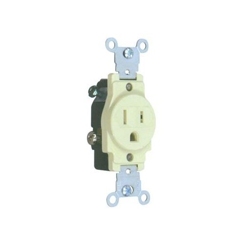 Commerical Grade Single Receptacle Ivory 15A-125V - This Commerical Grade Single Receptacle gives value for money.Commerical Grade Single Receptacle Ivory 15A-125V features include:  Commerical Grade Single Receptacle is designed to with stand rigorous environments where down time is not an option 2 pole, 3 wire Side wire Shallow design for maximum wiring room Made of GE Lexan, Steel Mounting Strap Accepts #12 or #14 Stranded or Solid Copper wire Easy Access Green Hex Head Ground Screw Washer-type break-off plaster ear for best flush alignment Captive Tri-Combination mounting screws Large head combination screws for quick wiring UL 94V-2 Flame Rating Temperature Rating: -40deg;F to 167deg;F UL listed Order Qty of 1 = 1 Piece Below is more info on our Commerical Grade Single Receptacle Ivory 15A-125V