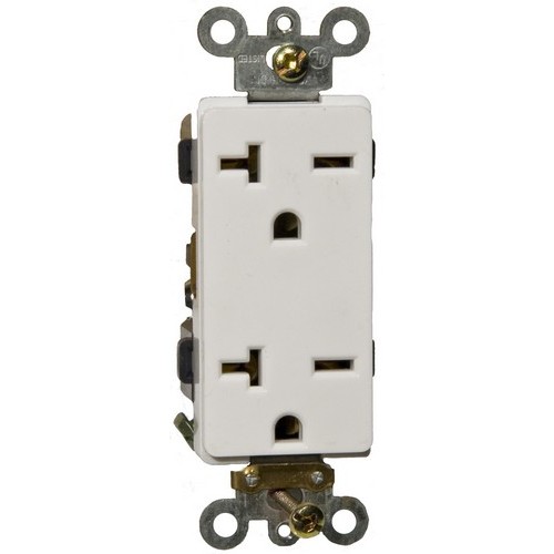 Industrial Grade Decorative Duplex Receptacle White 20A-250V - A durable yet attractive Decorative Duplex Receptacle. Industrial Grade Decorative Duplex Receptacle White 20A-250V features include:  Industrial Grade Decorative Duplex Receptacle is designed to with stand rigorous environments where down time is not an option 2 pole, 3 wire Back amp; Side wire Shallow design for maximum wiring room Made of GE Lexan, Steel Mounting Strap Accepts #12 or #14 Stranded or Solid Copper wire(Push-In #14 Solid Only) Easy Access Green Hex Head Ground Screw Washer-type break-off plaster ear for best flush alignment Captive Tri-Combination mounting screws Large head combination screws for quick wiring UL 94V-2 Flame Rating Temperature Rating: -40deg;F to 167deg;F UL listed Order Qty of 1 = 1 Piece Below is more info on our Industrial Grade Decorative Duplex Receptacle White 20A-250V