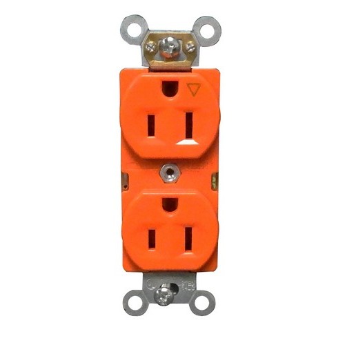 Isolated Ground Duplex Receptacle Orange 15A-125V - An Isolated Ground Duplex Receptacle for multiple applications.Isolated Ground Duplex Receptacle Orange 15A-125V features include:  Isolated Ground Duplex Receptacle can reduce electrical noise by providing a noise-free ground return Easily Identified by triangle on face of receptacle 2 pole, 3 wire Back amp; Side wire Shallow design for maximum wiring room Made of GE Lexan, Steel Mounting Strap Accepts #10 or #14 Stranded or Solid Copper wire(Push-In #14 Solid Only) Easy Access Green Hex Head Ground Screw Washer-type break-off plaster ear for best flush alignment Captive Tri-Combination mounting screws Large head combination screws for quick wiring UL 94V-2 Flame Rating Temperature Rating: -40deg;F to 167deg;F UL listed Order Qty of 1 = 1 Piece Below is more info on our Isolated Ground Duplex Receptacle Orange 15A-125V