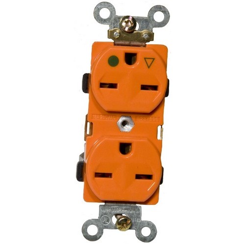 Isolated Ground Duplex Receptacle Orange 15A-250V - An Isolated Ground Duplex Receptacle for multiple applications.Isolated Ground Duplex Receptacle Orange 15A-250V features include:  Isolated Ground Duplex Receptacle can reduce electrical noise by providing a noise-free ground return Easily Identified by triangle on face of receptacle 2 pole, 3 wire Back amp; Side wire Shallow design for maximum wiring room Made of GE Lexan, Steel Mounting Strap Accepts #10 or #14 Stranded or Solid Copper wire(Push-In #14 Solid Only) Easy Access Green Hex Head Ground Screw Washer-type break-off plaster ear for best flush alignment Captive Tri-Combination mounting screws Large head combination screws for quick wiring UL 94V-2 Flame Rating Temperature Rating: -40deg;F to 167deg;F UL listed Order Qty of 1 = 1 Piece Below is more info on our Isolated Ground Duplex Receptacle Orange 15A-250V