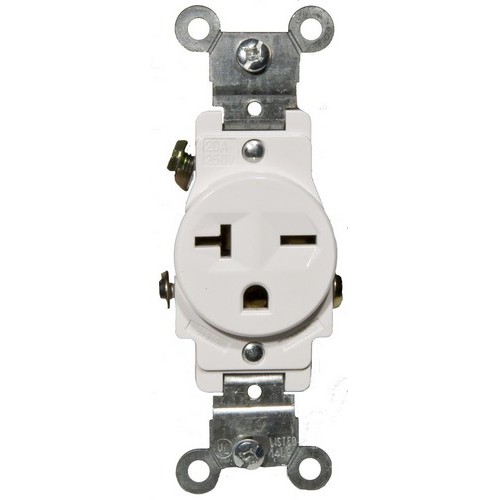 Commerical Grade Single Receptacle White 20A-250V - This Commerical Grade Single Receptacle gives value for money.Commerical Grade Single Receptacle White 20A-250V features include:  Commerical Grade Single Receptacle is designed to with stand rigorous environments where down time is not an option 2 pole, 3 wire Side wire Shallow design for maximum wiring room Made of GE Lexan, Steel Mounting Strap Accepts #12 or #14 Stranded or Solid Copper wire Easy Access Green Hex Head Ground Screw Washer-type break-off plaster ear for best flush alignment Captive Tri-Combination mounting screws Large head combination screws for quick wiring UL 94V-2 Flame Rating Temperature Rating: -40deg;F to 167deg;F UL listed Order Qty of 1 = 1 Piece Below is more info on our Commerical Grade Single Receptacle White 20A-250V