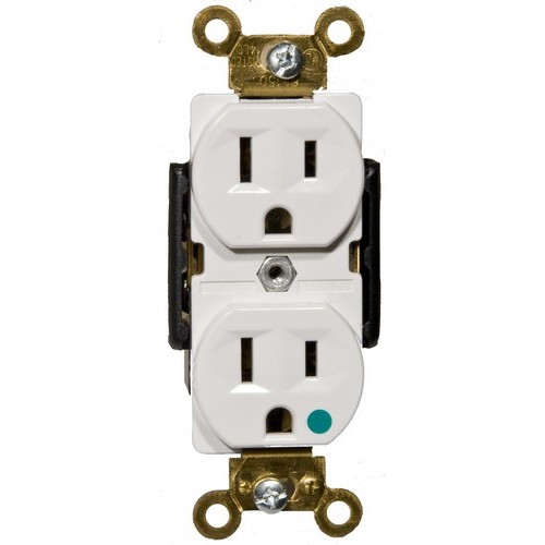 Hospital Grade Duplex Receptacle White 15A-125V - This Duplex Receptacle is of Hospital Grade.Hospital Grade Duplex Receptacle White 15A-125V features include:  Hospital Grade Duplex Receptacle can be easily identified by the green dot marking the face of the receptacle 2 pole, 3 wire Back amp; Side wire Shallow design for maximum wiring room Made of GE Lexan Brass Strap Self Grounding Clip Accepts #10 or #14 Stranded or Solid Copper wire Easy Access Green Hex Head Ground Screw Washer-type break-off plaster ear for best flush alignment Captive Tri-Combination mounting screws Large head combination screws for quick wiring Touch Proof Side Barriers UL 94V-2 Flame Rating Temperature Rating: -40deg;F to 167deg;F UL listed Order Qty of 1 = 1 Piece  Below is more info on our Hospital Grade Duplex Receptacle White 15A-125V