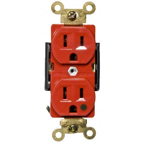 Hospital Grade Duplex Receptacle Red 15A-125V - This Duplex Receptacle is of Hospital Grade.Hospital Grade Duplex Receptacle Red 15A-125V features include:  Hospital Grade Duplex Receptacle can be easily identified by the green dot marking the face of the receptacle 2 pole, 3 wire Back amp; Side wire Shallow design for maximum wiring room Made of GE Lexan Brass Strap Self Grounding Clip Accepts #10 or #14 Stranded or Solid Copper wire Easy Access Green Hex Head Ground Screw Washer-type break-off plaster ear for best flush alignment Captive Tri-Combination mounting screws Large head combination screws for quick wiring Touch Proof Side Barriers UL 94V-2 Flame Rating Temperature Rating: -40deg;F to 167deg;F UL listed Order Qty of 1 = 1 Piece  Below is more info on our Hospital Grade Duplex Receptacle Red 15A-125V