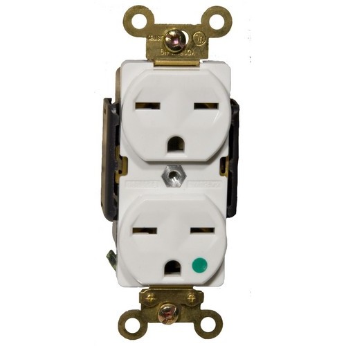 Hospital Grade Duplex Receptacle White 15A-250V - This Duplex Receptacle is of Hospital Grade.Hospital Grade Duplex Receptacle White 15A-250V features include:  Hospital Grade Duplex Receptacle can be easily identified by the green dot marking the face of the receptacle 2 pole, 3 wire Back amp; Side wire Shallow design for maximum wiring room Made of GE Lexan Brass Strap Self Grounding Clip Accepts #10 or #14 Stranded or Solid Copper wire Easy Access Green Hex Head Ground Screw Washer-type break-off plaster ear for best flush alignment Captive Tri-Combination mounting screws Large head combination screws for quick wiring Touch Proof Side Barriers UL 94V-2 Flame Rating Temperature Rating: -40deg;F to 167deg;F UL listed Order Qty of 1 = 1 Piece  Below is more info on our Hospital Grade Duplex Receptacle White 15A-250V