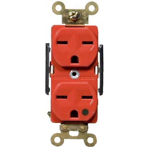 Hospital Grade Duplex Receptacle Red 15A-250V - This Duplex Receptacle is of Hospital Grade.Hospital Grade Duplex Receptacle Red 15A-250V features include:  Hospital Grade Duplex Receptacle can be easily identified by the green dot marking the face of the receptacle 2 pole, 3 wire Back amp; Side wire Shallow design for maximum wiring room Made of GE Lexan Brass Strap Self Grounding Clip Accepts #10 or #14 Stranded or Solid Copper wire Easy Access Green Hex Head Ground Screw Washer-type break-off plaster ear for best flush alignment Captive Tri-Combination mounting screws Large head combination screws for quick wiring Touch Proof Side Barriers UL 94V-2 Flame Rating Temperature Rating: -40deg;F to 167deg;F UL listed Order Qty of 1 = 1 Piece  Below is more info on our Hospital Grade Duplex Receptacle 15A-250V