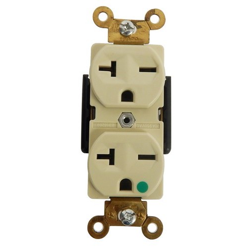 Hospital Grade Duplex Receptacle 20A-250V - This Duplex Receptacle is of Hospital Grade.Hospital Grade Duplex Receptacle Ivory 20A-250V features include:  Hospital Grade Duplex Receptacle can be easily identified by the green dot marking the face of the receptacle 2 pole, 3 wire Back amp; Side wire Shallow design for maximum wiring room Made of GE Lexan Brass Strap Self Grounding Clip Accepts #10 or #14 Stranded or Solid Copper wire Easy Access Green Hex Head Ground Screw Washer-type break-off plaster ear for best flush alignment Captive Tri-Combination mounting screws Large head combination screws for quick wiring Touch Proof Side Barriers UL 94V-2 Flame Rating Temperature Rating: -40deg;F to 167deg;F UL listed Order Qty of 1 = 1 Piece  Below is more info on our Hospital Grade Duplex Receptacle Ivory 20A-250V